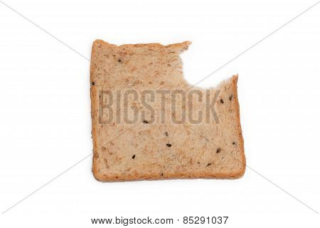 Slice Whole Wheat Bread Had Bite Marks Isolated On White Background