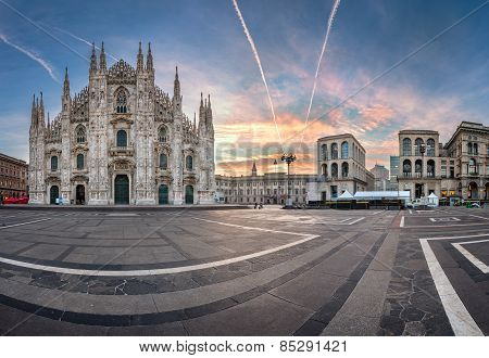 Panorama Of Milan Cathedral (duomo Di Milano), Vittorio Emanuele Ii Gallery And Piazza Del Duomo In