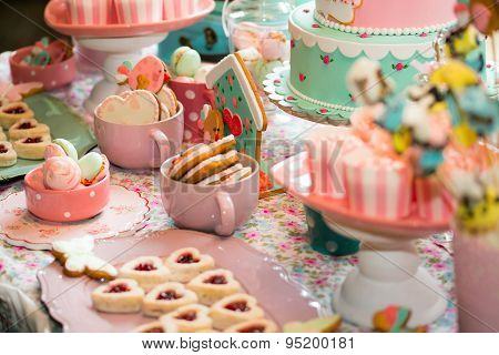 Prepared birthday table with sweets for children party
