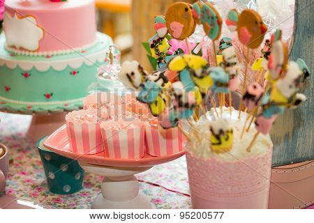 Prepared birthday table with sweets for children party