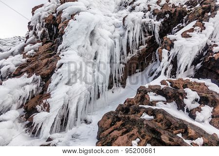 Ice Stalactites On Volcanic Rocks