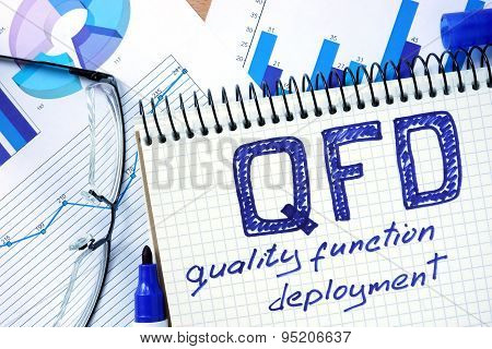 Notepad with QFD - Quality Function Deployment.