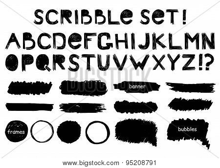 Grunge Alphabet,  Banner, Bubbles And Frame  Vector Set