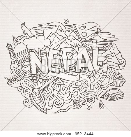 Nepal country hand lettering and doodles elements