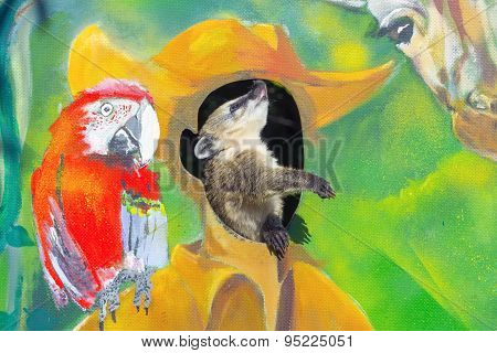 Baby Coati On A Painted Wall