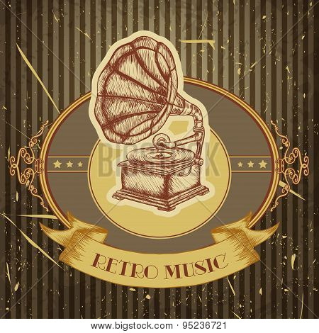 Poster with vintage gramophone. Retro hand drawn vector illustration label 