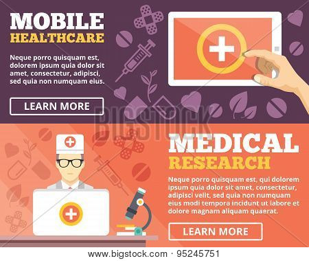 Mobile healthcare and medical research flat illustration concepts set