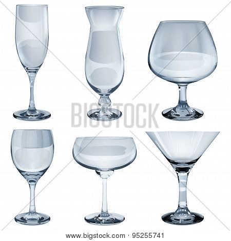 Set Of Empty Opaque Glass Goblets For Different Drinks