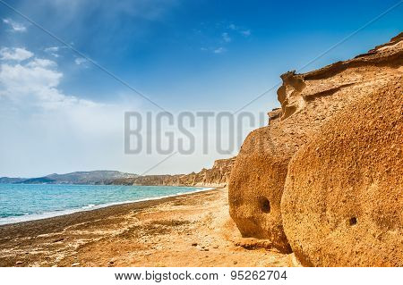 Beautiful Beach With Unusual Volcanic Mountains And Turquoise Water