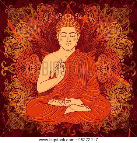 Vintage poster with sitting Buddha on the grunge background over ornate mandala round pattern. Retro