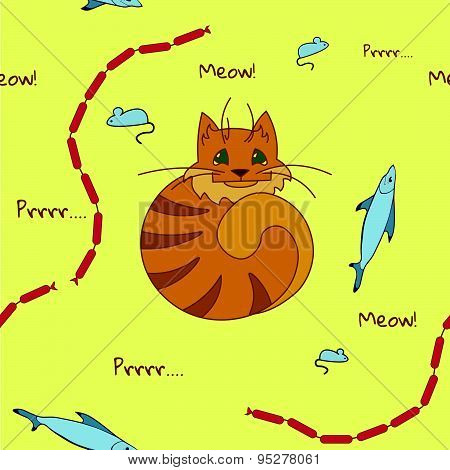 Cute seamless pattern with set of cat's favourite food - fish, mouse and sausages on the yellow back