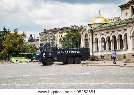 Gendarmerie Car Near St. Alexander Nevsky Cathedral In Center Of Sofia, Bulgaria