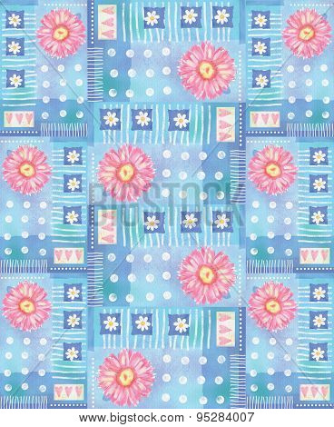Pattern With Pink Gerbera, Hearts And Polka Dots.