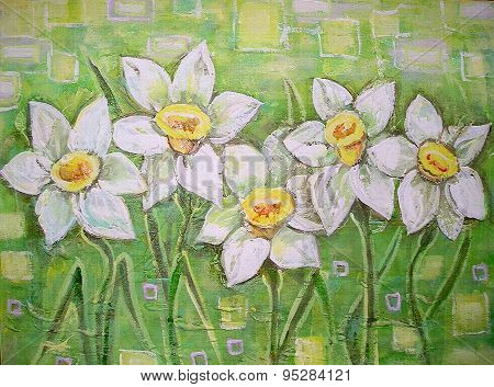 Acrylic Painting. Daffodils Flowers Or Narcissus