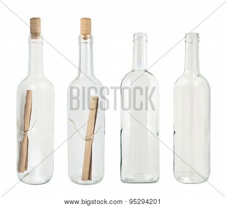 Set of four glass bottles isolated