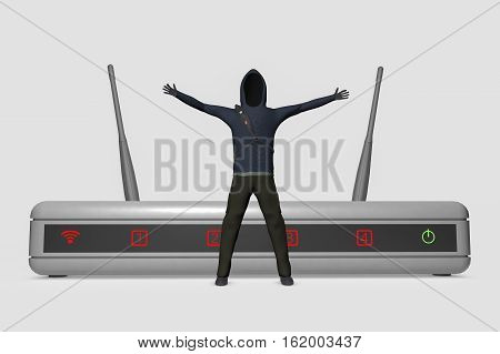 A hacker infiltrates an internet router (3d rendering)