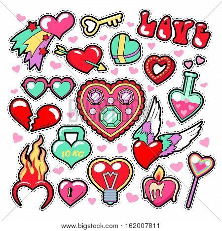 Hearts Love Badges, Stickers, Patches for Romatic Scrapbook Design. Vector illustration