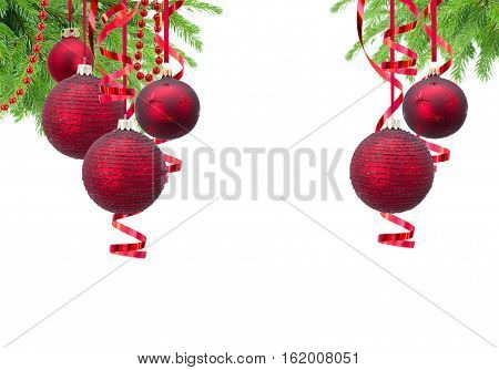 Red christmas balls garland and evergreen fir tree isolated on white background