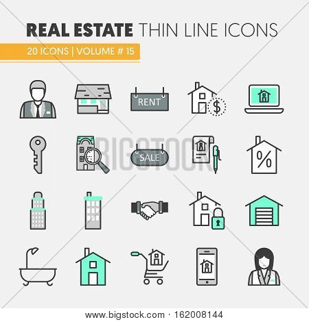 Real Estate Thin Line Vector Icons Set with Agent and Houses