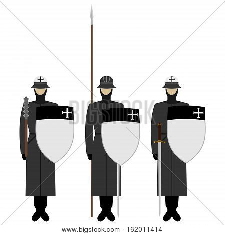 Medieval knights weapons uniforms and jousting signs and symbols. The illustration on a white background.