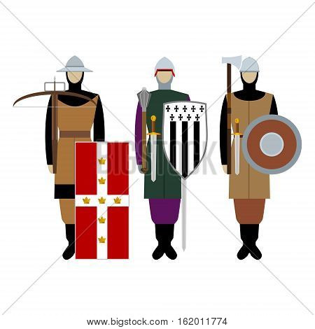 Medieval knights weapons uniforms and jousting signs and symbols. The illustration on a white background.