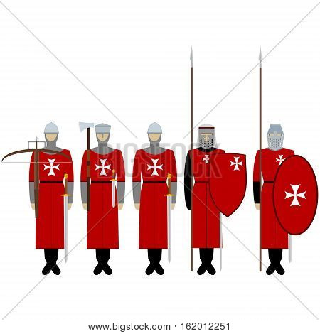 Medieval knights weapons uniforms and jousting signs and symbols. The illustration on a white background.