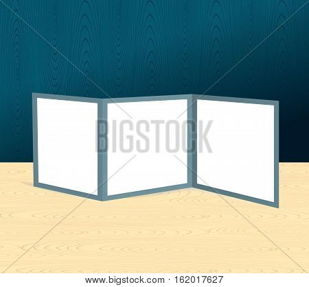 Threefold brochure realistic mockup on the wooden scene or table and wall. Vector illustration