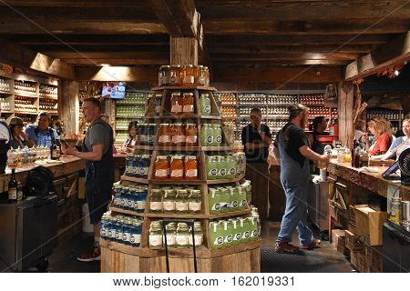 GATLINBURG, TN - OCT 3: Ole Smoky Moonshine Holler in Gatlinburg, Tennessee, as seen on Oct 3, 2016. It is the first federally licensed distillery in the history of East Tennessee.