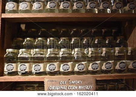 GATLINBURG, TN - OCT 3: Ole Smoky Moonshine Holler in Gatlinburg, Tennessee, as seen on Oct 3, 2016. It is the first federally licensed distillery in the history of East Tennessee.