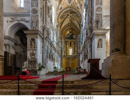 13Th Century Cefalu Cathedral In Cefalu, Sicily, Italy.