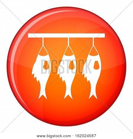 Three dried fish hanging on a rope icon in red circle isolated on white background vector illustration