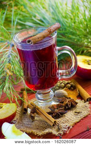 Spicy Christmas drink in a glass with spices on a background of trees