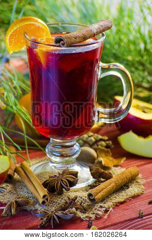 Spicy Christmas drink in a glass with spices on a background of trees