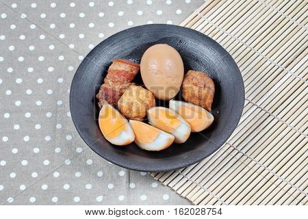 Ready Stewed Boiled Egg With Tofu And Streaky Pork Served.