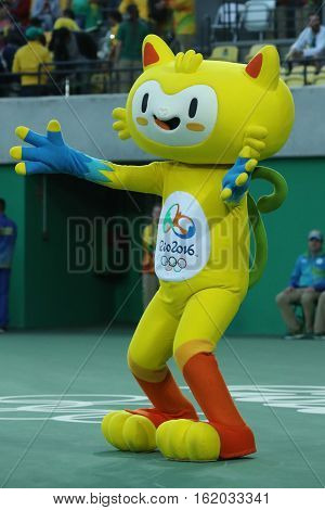 RIO DE JANEIRO, BRAZIL - AUGUST 12, 2016: Vinicius is the official mascot of the Rio 2016 Summer Olympics at the Olympic Tennis Centre in Rio de Janeiro
