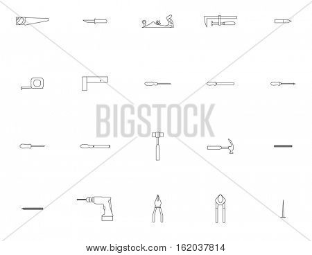Vector icon set for carpentry tools and equipment on white background