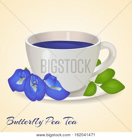 Cup of Blue tea with Butterfly Pea flowers and leaves isolated on orange background. Blue Pea Tea. Clitoria Ternatea. Vector illustration. Healthy drinks.