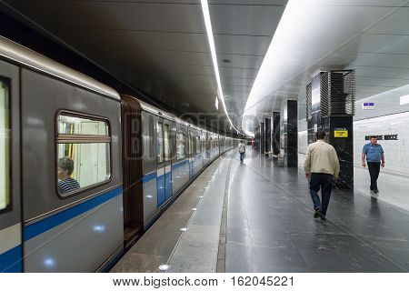 Moscow Russia - July 09.2015. Train on a metro station Pyatnickoe Shosse
