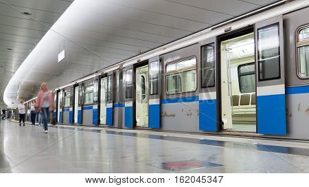 Moscow Russia - July 09.2015. Train on a metro station Pyatnickoe Shosse