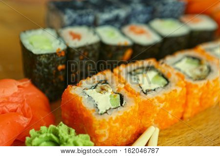 Japanese Sushi Roll Set In Row