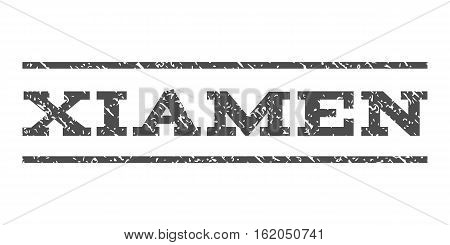 Xiamen watermark stamp. Text tag between horizontal parallel lines with grunge design style. Rubber seal stamp with dirty texture. Vector gray color ink imprint on a white background.