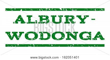 Albury-Wodonga watermark stamp. Text tag between horizontal parallel lines with grunge design style. Rubber seal stamp with scratched texture. Vector green color ink imprint on a white background.