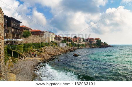 Sozopol Bulgaria - September 03 2014: Coastline in the old town Sozopol at Black Sea coast Bulgaria. Old town Sozopol was founded in the 7th century BC. Today it is one of the major seaside resorts in the country. Architectural and Historic Complex.