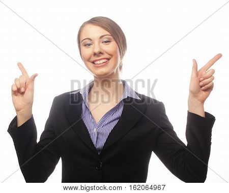 Winner business woman with her hands raised isolated on white