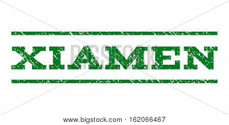 Xiamen watermark stamp. Text tag between horizontal parallel lines with grunge design style. Rubber seal stamp with unclean texture. Vector green color ink imprint on a white background.