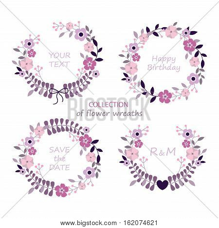 Collection of floral frames. Set of cute flowers arranged a shape of the wreath perfect for wedding invitations and birthday cards. Set of flower invitation cards. Vector illustration.