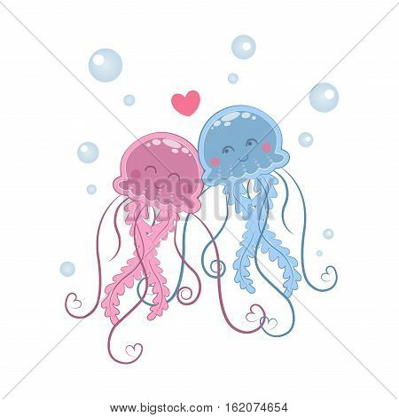 Cute couple lovers jellyfish. Vector illustration. Sea animal.