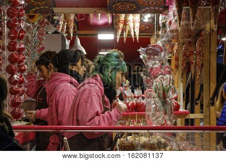 Lyon, France, December 17, 2016 : The Christmas Market Of Lyon, A Village Of More Than 130 Chalets O