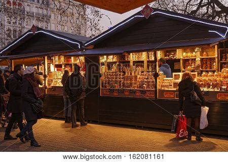 Lyon, France, December 17, 2016 : The Christmas Market Of Lyon, A Village Of More Than 130 Chalets O