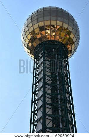 KNOXVILLE, TN - OCT 4: Sunsphere Tower in Knoxville, Tennessee, as seen on Oct 4, 2016. It is a 266 ft high hexagonal steel truss structure, topped with a 75 ft gold-colored glass sphere that served as the symbol of the 1982 Worlds Fair.